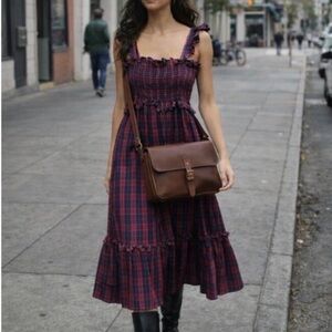 Nicole Miller Plaid Smocked Midi Dress with Ruffle Straps - Burgundy & Navy